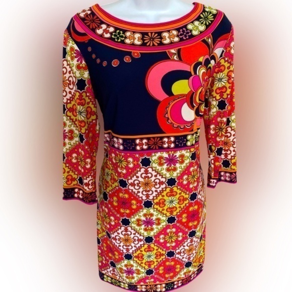 Trina Turk Retro 60’s Print Dress - 4 navy pink green , quarter sleeve. Saks